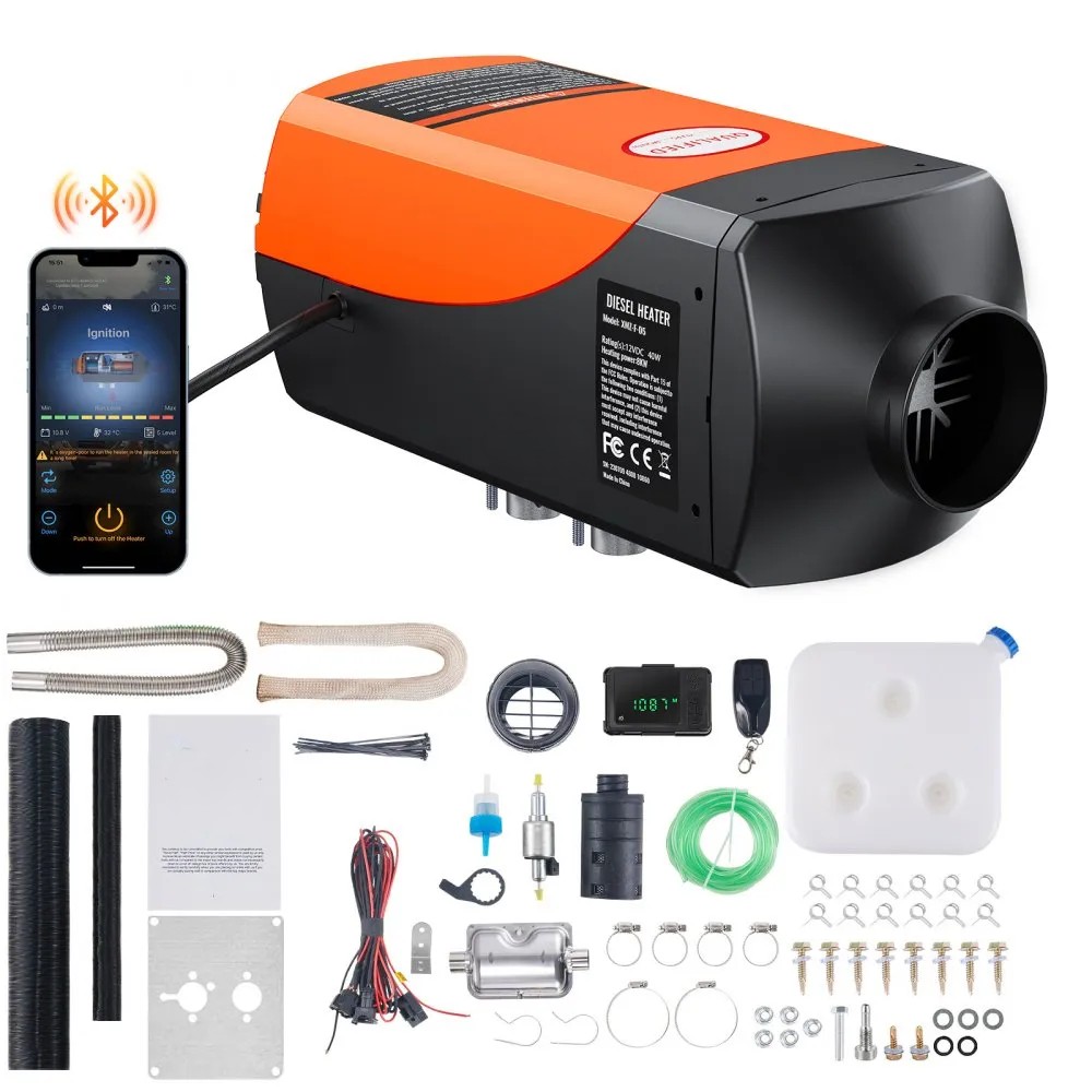Încălzitor aer diesel 12V, 8 kW, cu ajustare automată altitudine, afișaj LCD, telecomandă și control prin aplicație Bluetooth, pentru rulote, campervan-uri, remorci și bărci