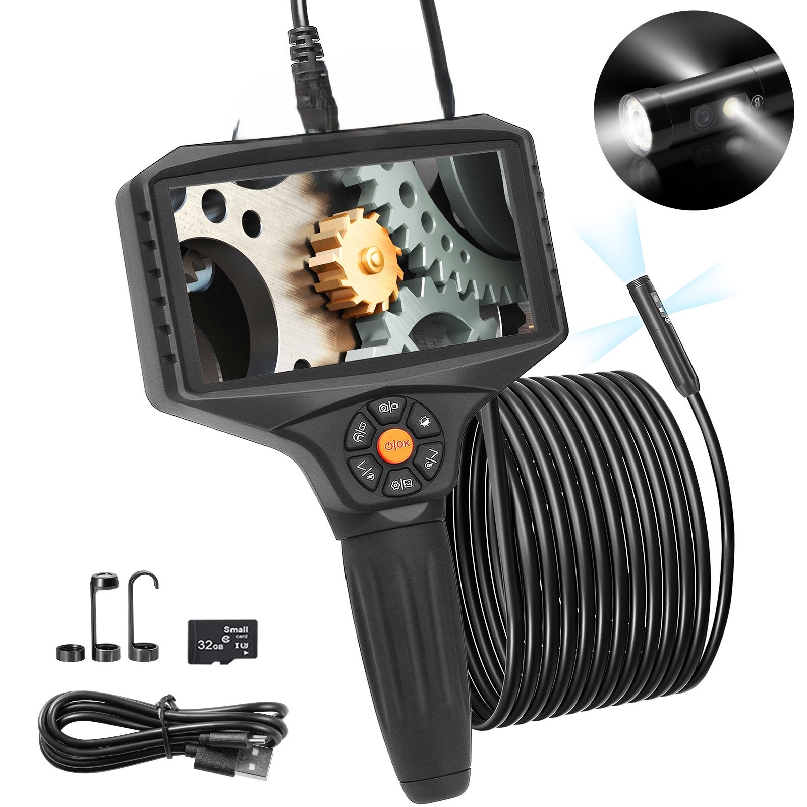 Cameră endoscopică industrială cu 3 lentile, ecran IPS 12.7 cm 1080P HD, zoom 8X, ecran divizat, 10 LED, cablu 5 m, pentru auto și instalații