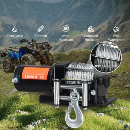 Troliu Electric ATV/UTV VEVOR – 1360kg, 12V DC, IP55, Cablu Oțel, Telecomandă Fir