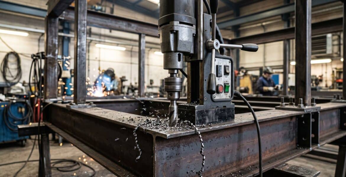 Mașină de găurit cu talpă magnetică montată pe grindă de oțel în atelier industrial