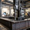 Mașină de găurit cu talpă magnetică montată pe grindă de oțel în atelier industrial