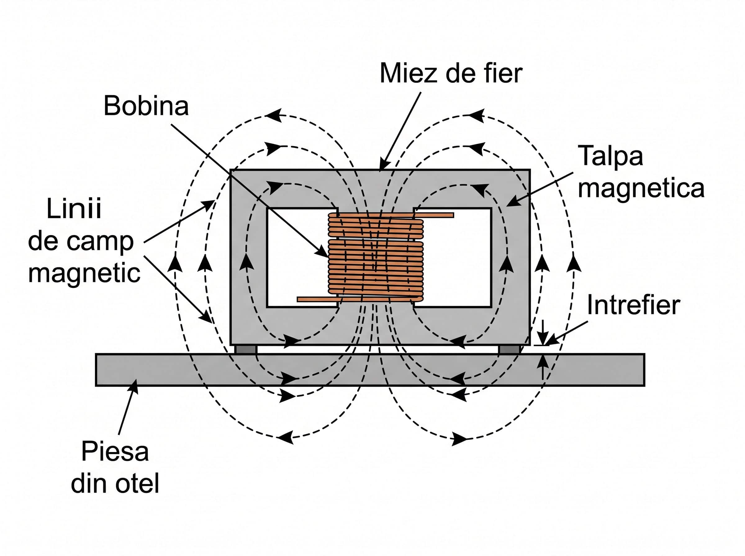 Diagramă tehnică circuit magnetic talpă bormașină: bobină, miez de fier, linii câmp magnetic, piesă oțel, întrefier