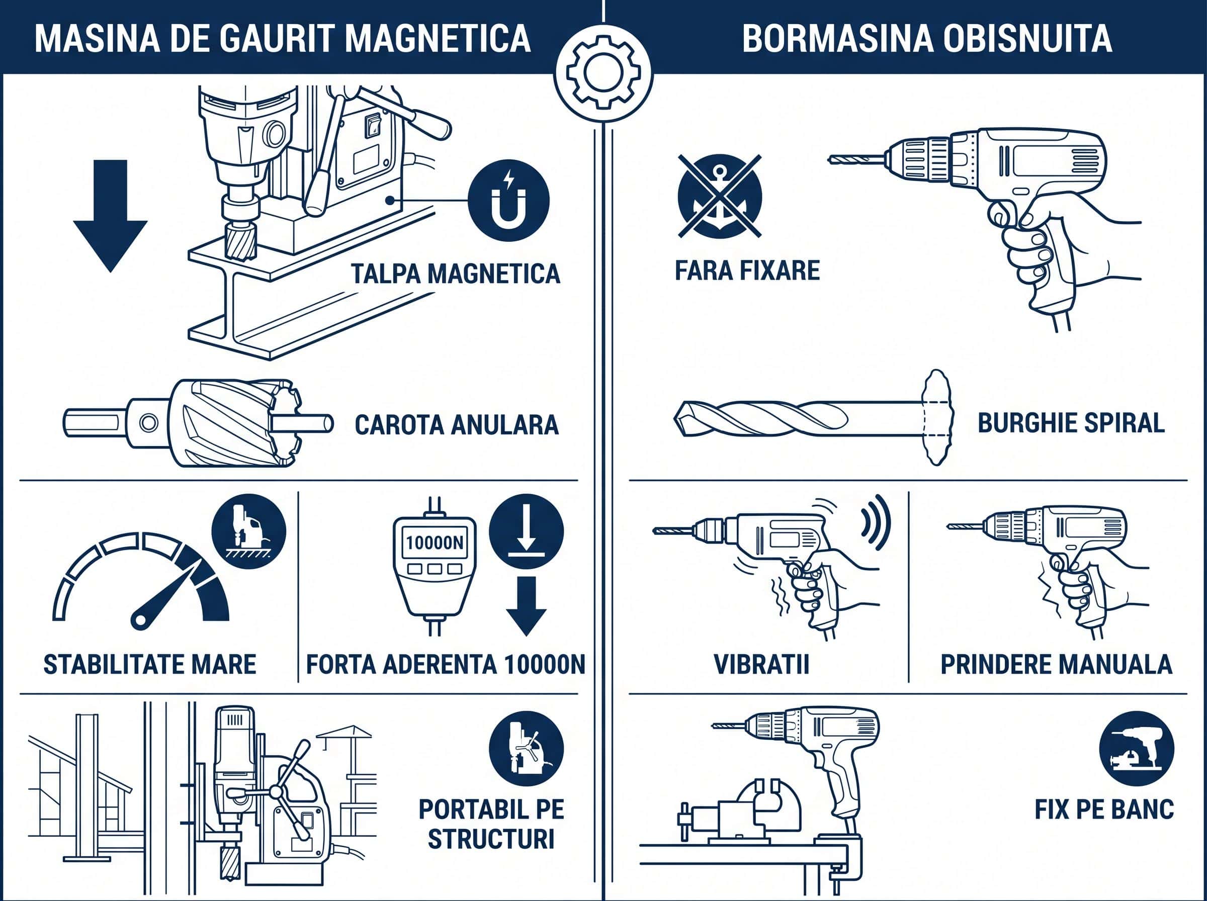 Infografic comparativ mașină de găurit cu talpă magnetică versus bormașină obișnuită cu diferențele principale