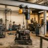 Palan electric montat pe grinda, ridicand o sarcina cu carlig de siguranta intr-un atelier