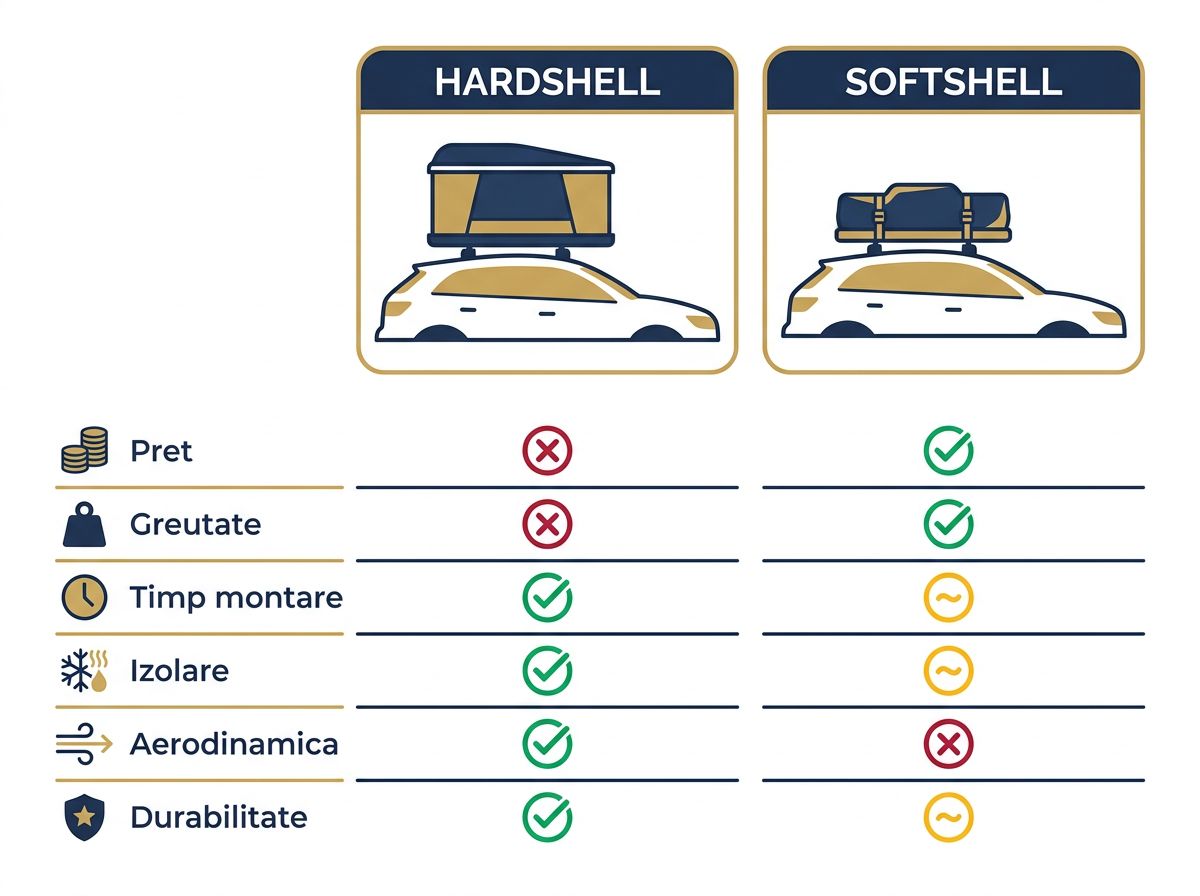 Infografic comparativ hardshell vs softshell: preț, greutate, timp montare, izolare, aerodinamică, durabilitate