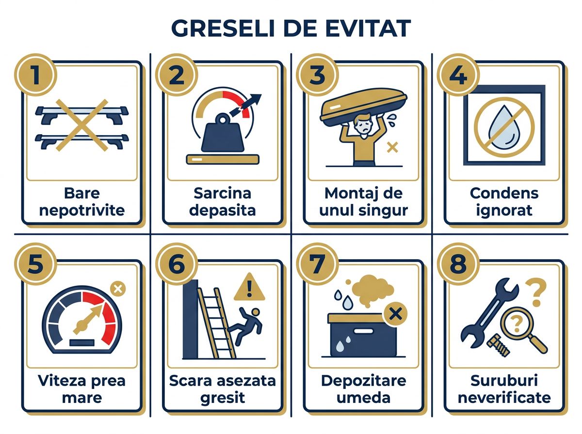 Infografic: greșeli de evitat la cortul de plafon — bare nepotrivite, sarcină depășită, montaj singur, condens, viteză, scară, depozitare umedă, șuruburi