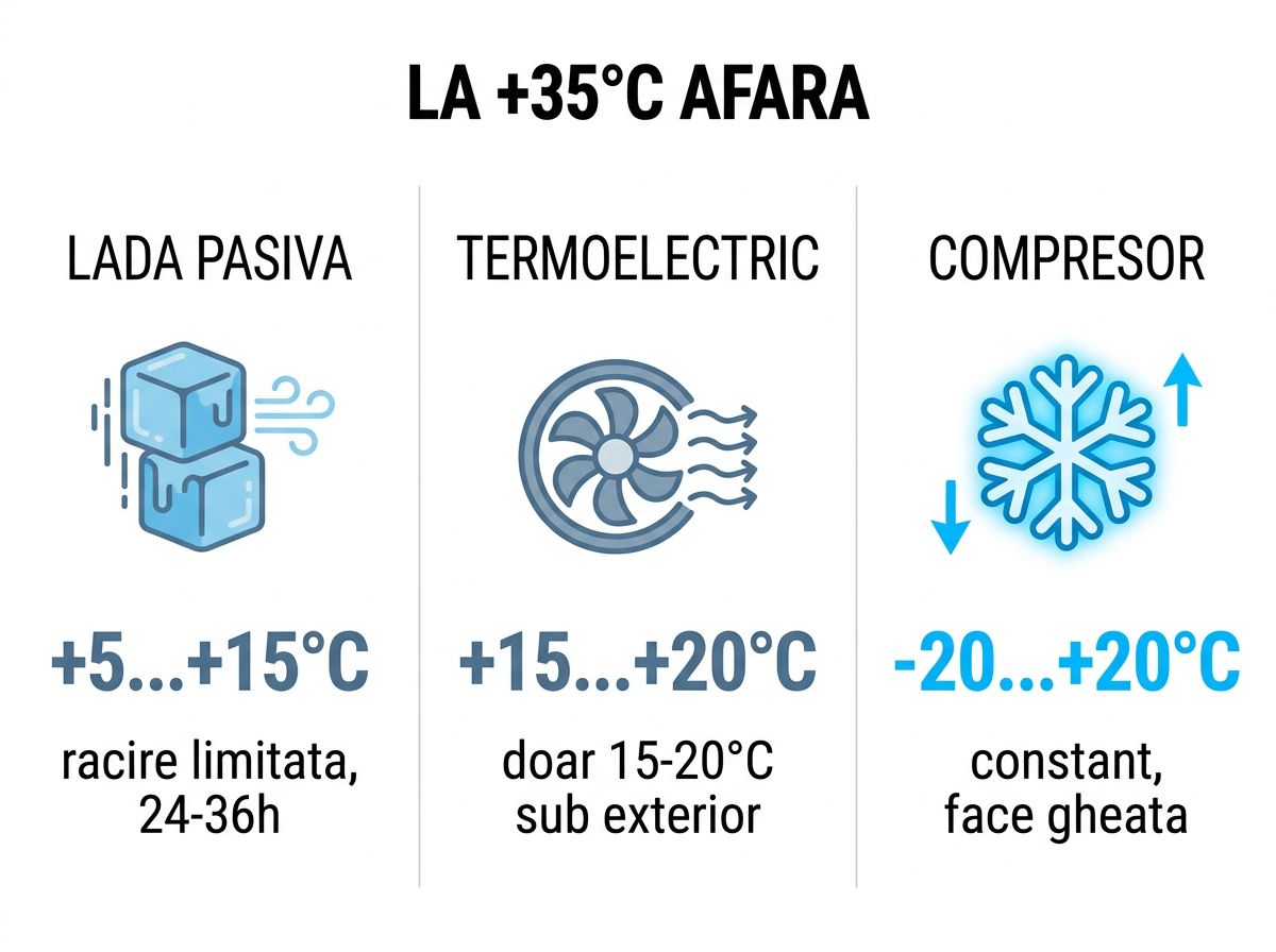 Comparație temperaturi: ladă pasivă vs termoelectric vs compresor la +35°C exterior