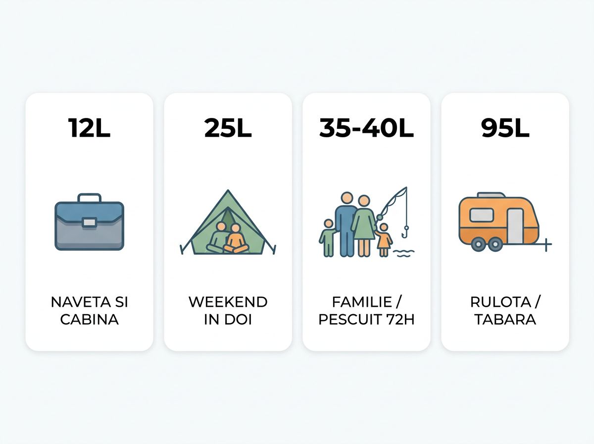 Ghid mărimi frigider auto: 12L navetă, 25L weekend în doi, 35-40L familie și pescuit, 95L rulotă