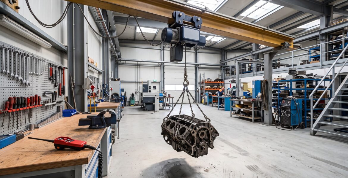 Palan electric montat pe grinda, ridicand un bloc motor intr-un atelier