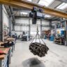 Palan electric montat pe grinda, ridicand un bloc motor intr-un atelier