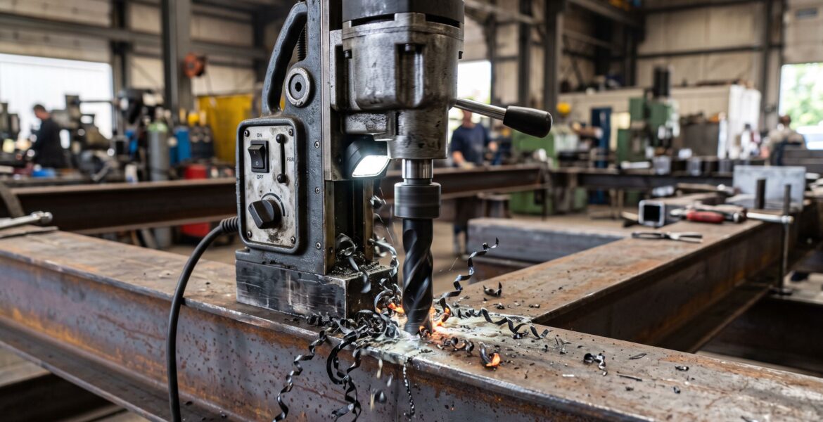 Mașină de găurit cu talpă magnetică în uz, găurire într-o grindă de oțel, atelier industrial