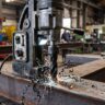 Mașină de găurit cu talpă magnetică în uz, găurire într-o grindă de oțel, atelier industrial