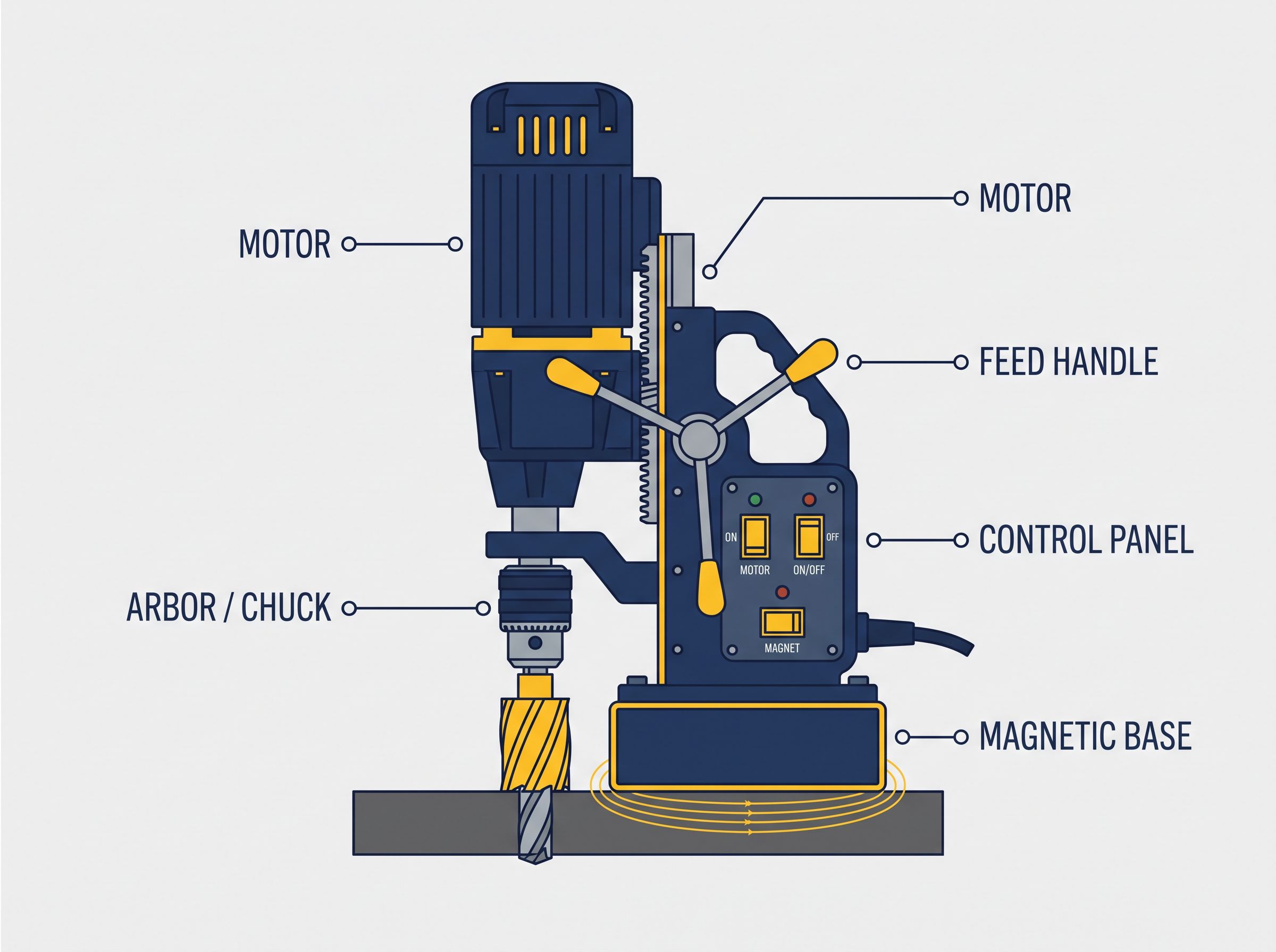 Schemă tehnică cu componentele unei mașini de găurit cu talpă magnetică: motor, panou de control, mâner de avans, ax/mandrină și bază magnetică