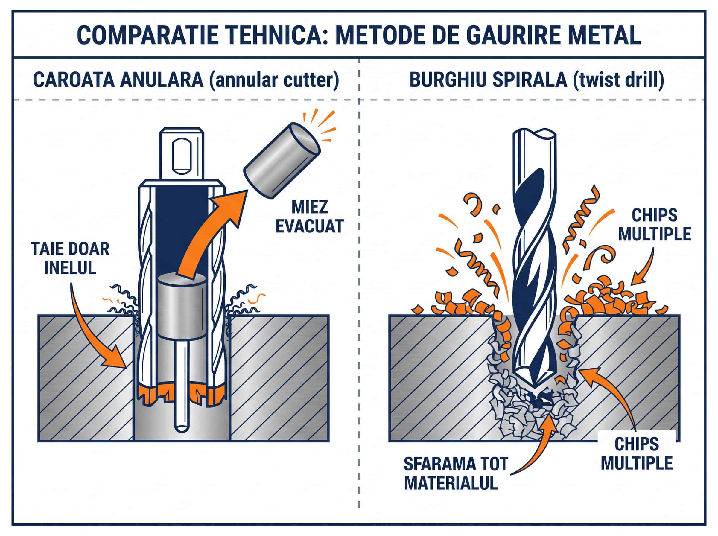 Diagramă comparativă: carotă anulară taie doar inelul de metal vs burghiu spirală sfărâmă tot materialul