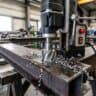 Mașină de găurit cu talpă magnetică cu carotă anulară în uz pe o grindă de oțel