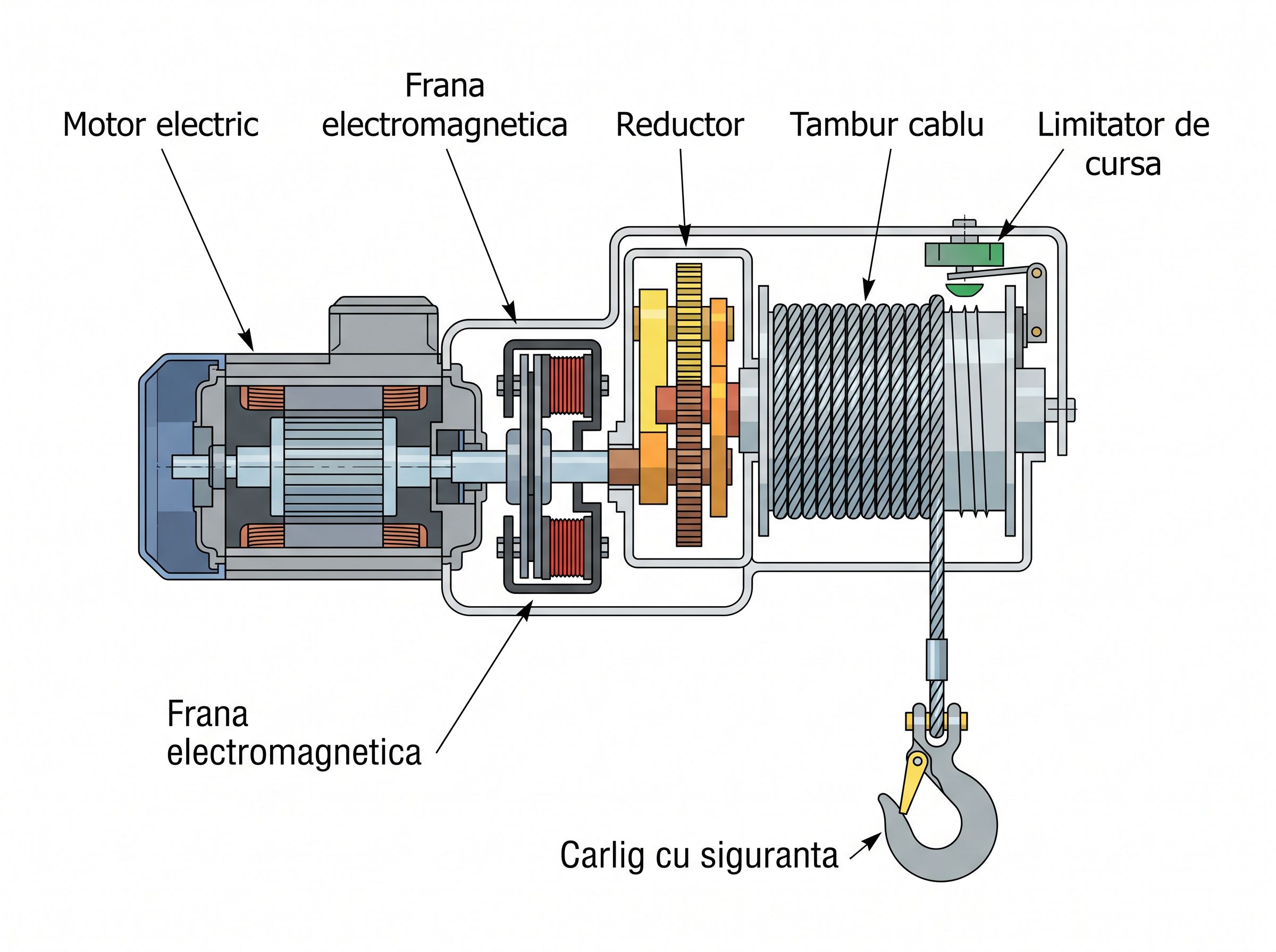 Schema tehnica a unui palan electric cu motor, reductor, tambur cablu, frana electromagnetica, limitator de cursa si carlig cu siguranta
