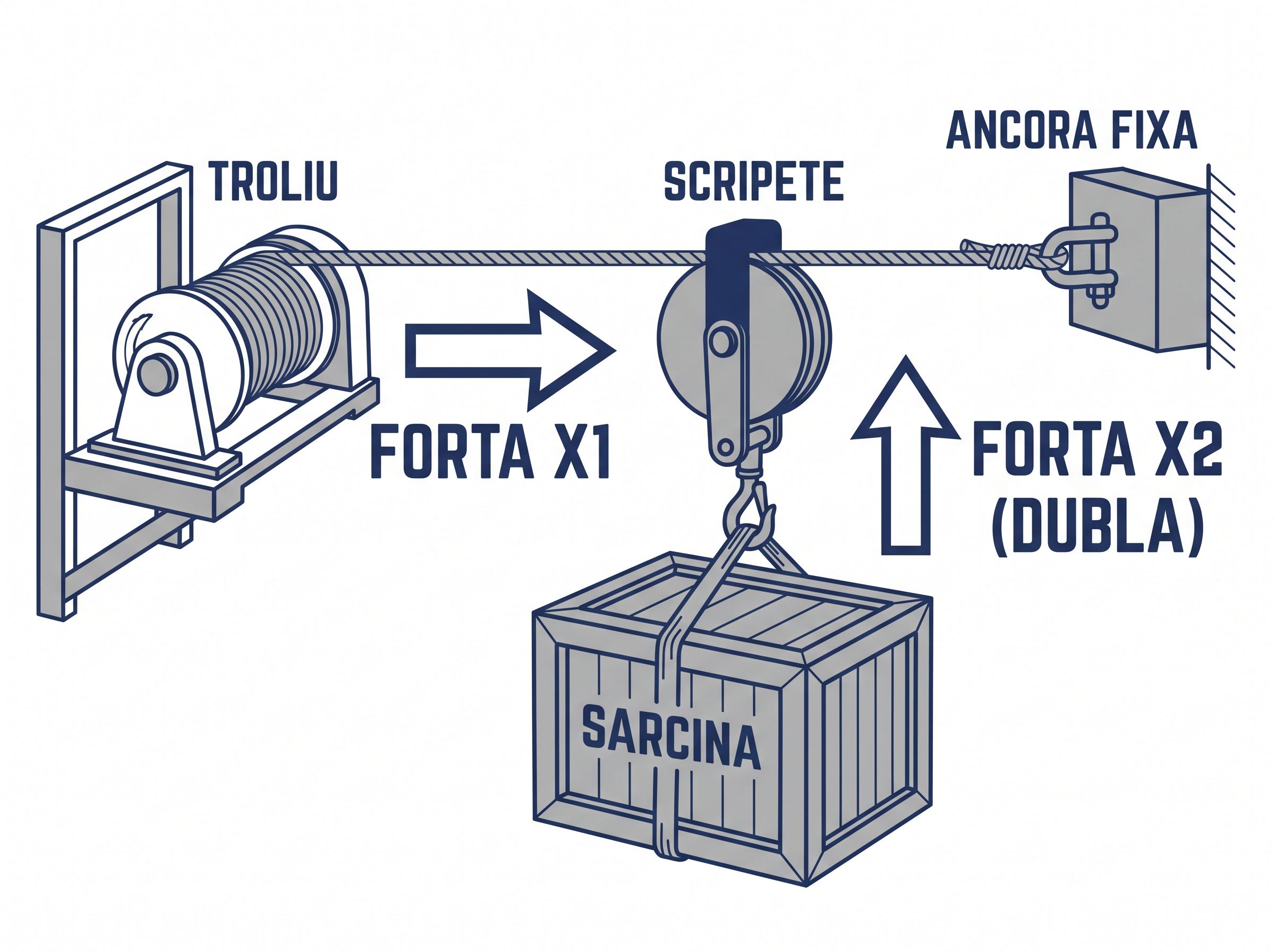 Schema cu scripete care dubleaza forta de tragere a unui troliu